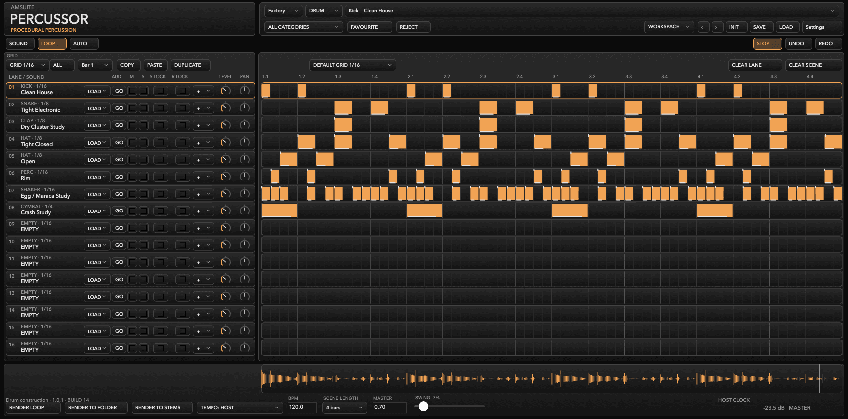 PERCUSSOR commercial interface during actual audio processing